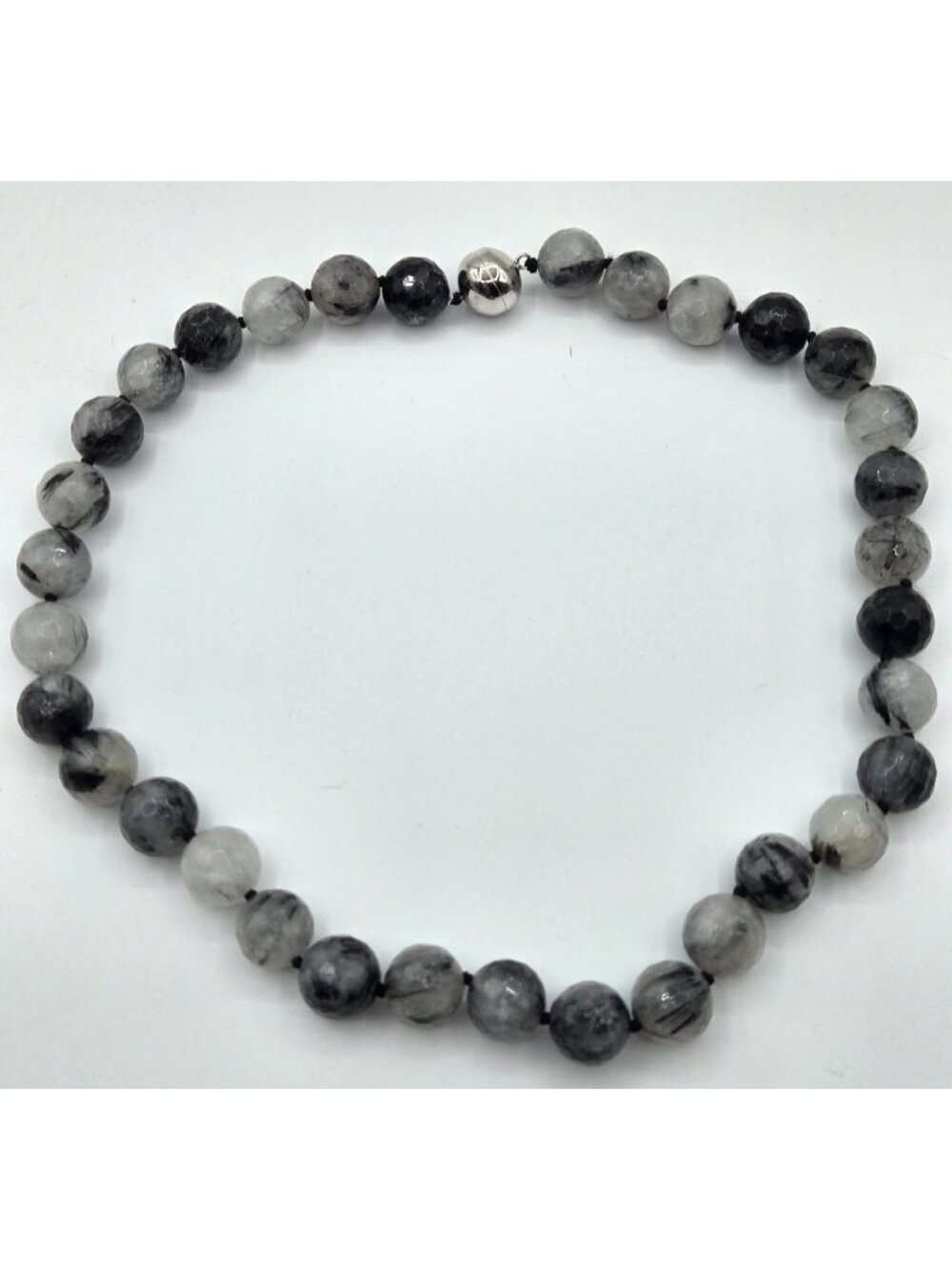 Tourmalinated Quartz Necklace 14mm Round Beads 925 Sterling Silver MagneticClasp - Picture 3 of 8